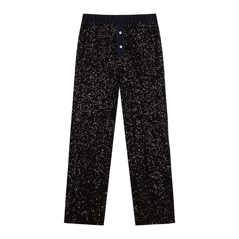 Women’s Premium Sequined Splicing Straight-Leg Pants – High-Waist Casual Commuter Trousers