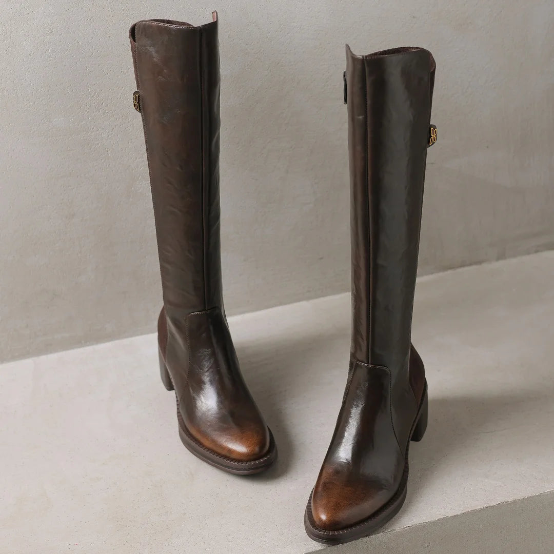 Women’s Genuine Leather & Flock Patchwork Knee-High Knight Boots – Side Zip, 5cm Thick Medium Heel, Casual Autumn Winter Long Boots