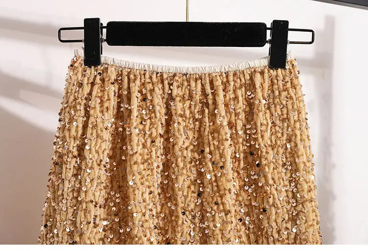 Sequin Elastic Waist A-Line Midi Skirt for Women – Casual Solid Color Summer Skirt