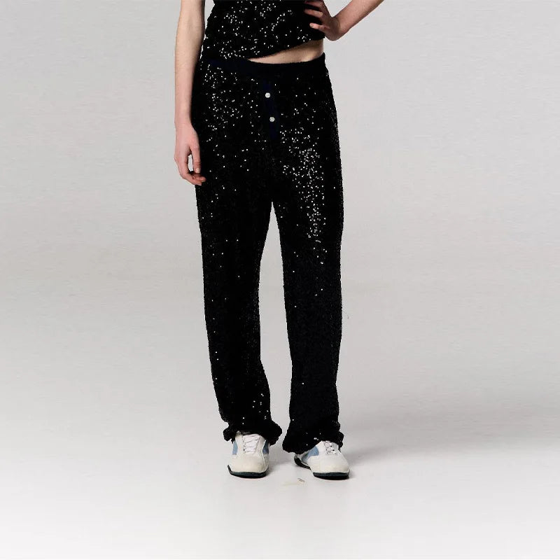 Women’s Premium Sequined Splicing Straight-Leg Pants – High-Waist Casual Commuter Trousers