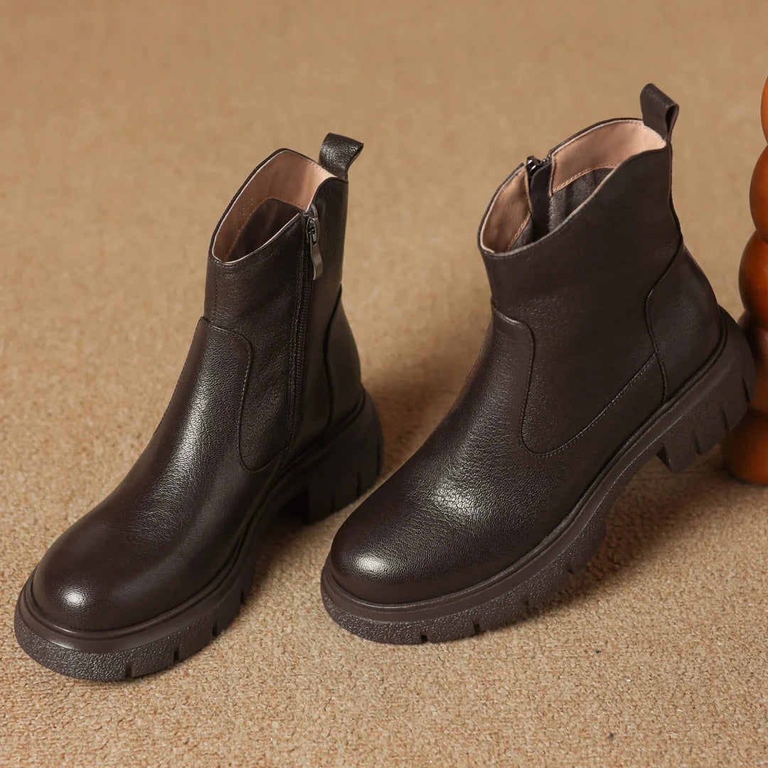 Women’s Genuine Sheepskin Ankle Boots with Side Zip – Round Toe, Soft Comfort, Thick Sole Casual Boots for Autumn