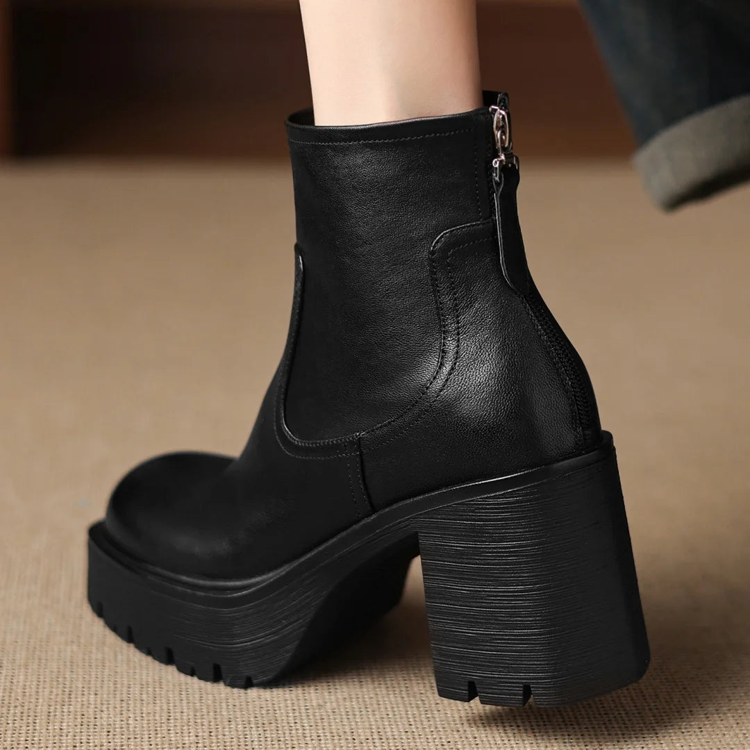 Women’s Genuine Leather Platform Ankle Boots with Chunky Heel – Round Toe Back Zip Punk Booties (8.5cm)