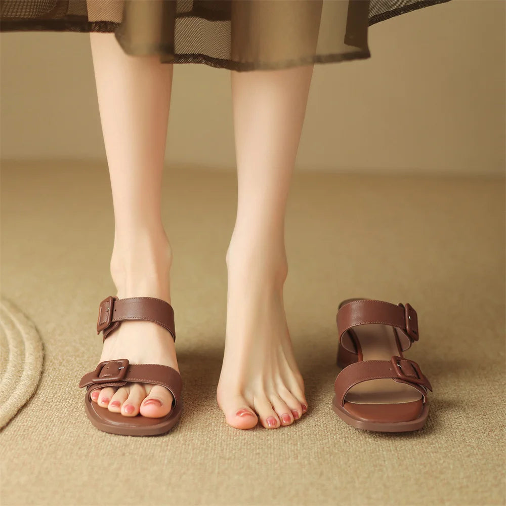 Women’s Cow Leather Slip-On Sandals – Double Metal Belt 5.5cm Chunky Heel Elegant Summer Slides