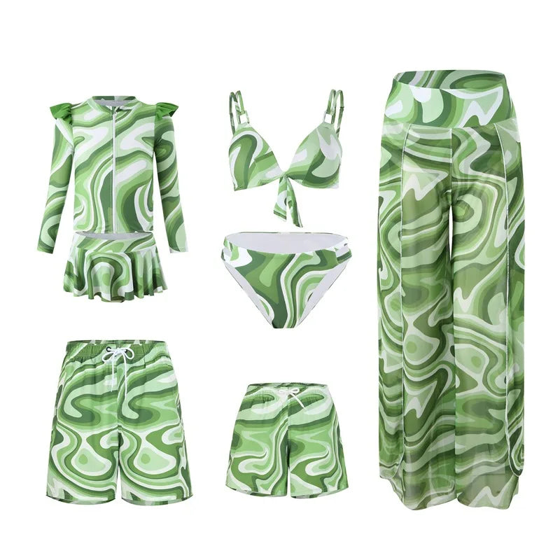 Leaf Print Swimwear Family Matching Outfits Look Mother Daughter Bikini Swimsuits Mommy and Me Clothes Dad Son Swimming Trunks