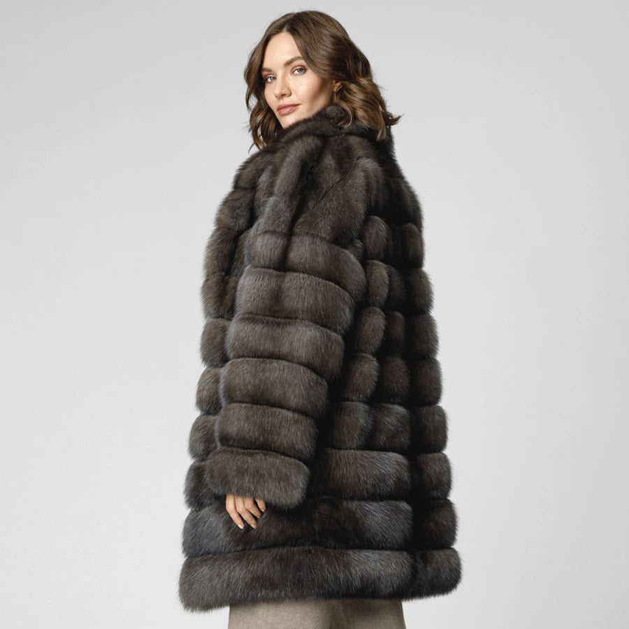 Womenâ€™s Luxury Natural Fox Fur Coat â€“ Long Lapel Wint...