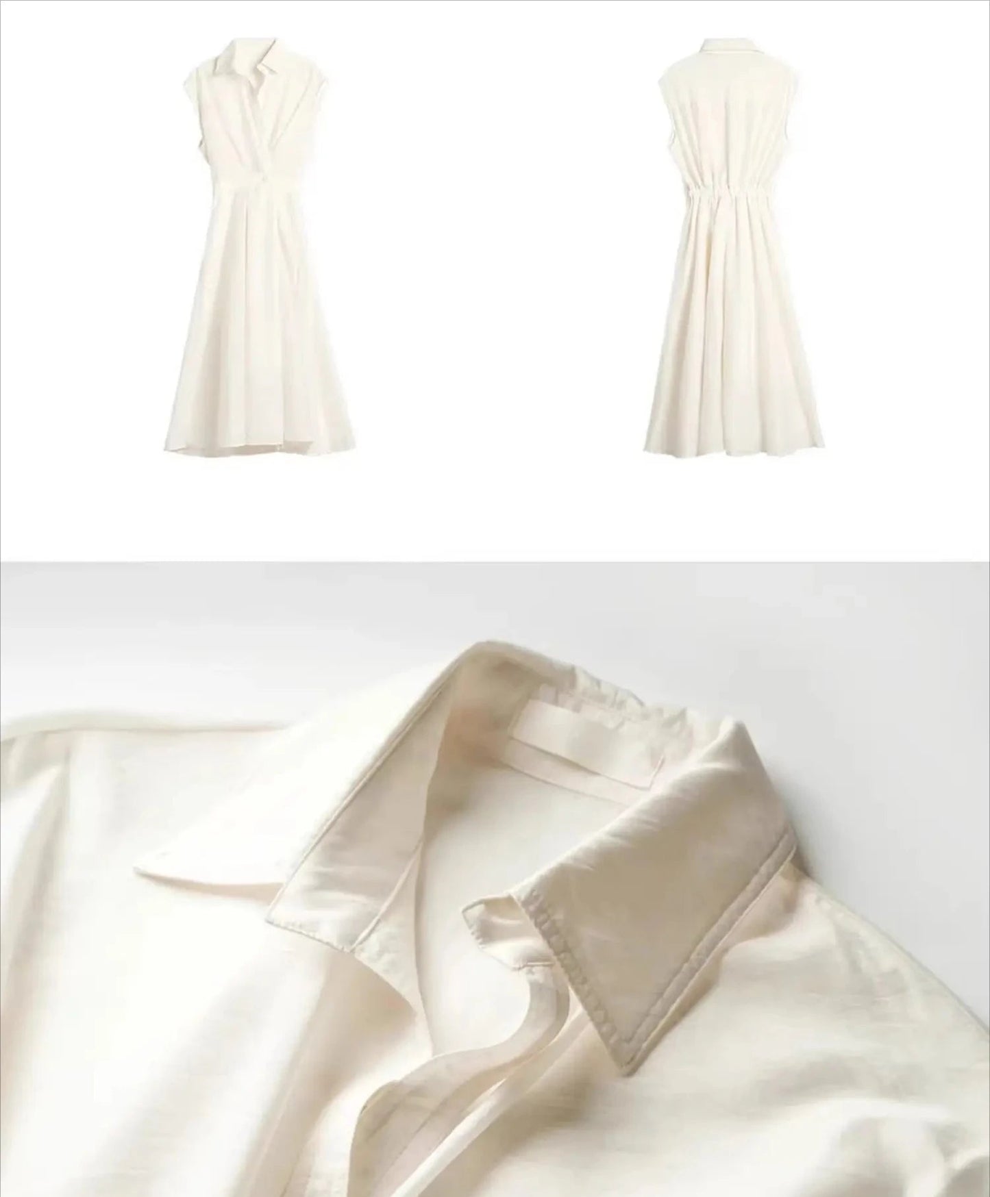 White sleeveless dress shown from different angles on a white background