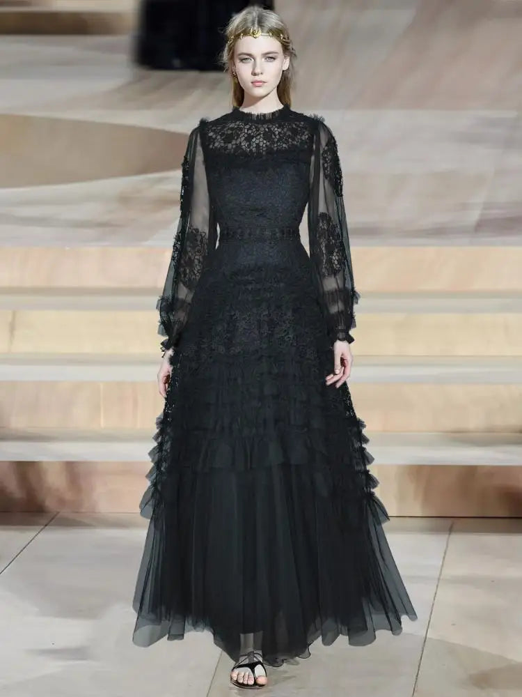 Women’s 2026 Spring Runway Lantern Sleeve Mesh Maxi Dress with Lace Flower Stitching and Ruffled Hem - HER SHOP