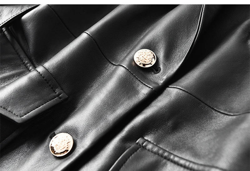 Women’s Genuine Sheepskin Leather Coat – Retro Belted Mid-Length Jacket with Gold Buckle, Suit Collar & Cargo Pockets