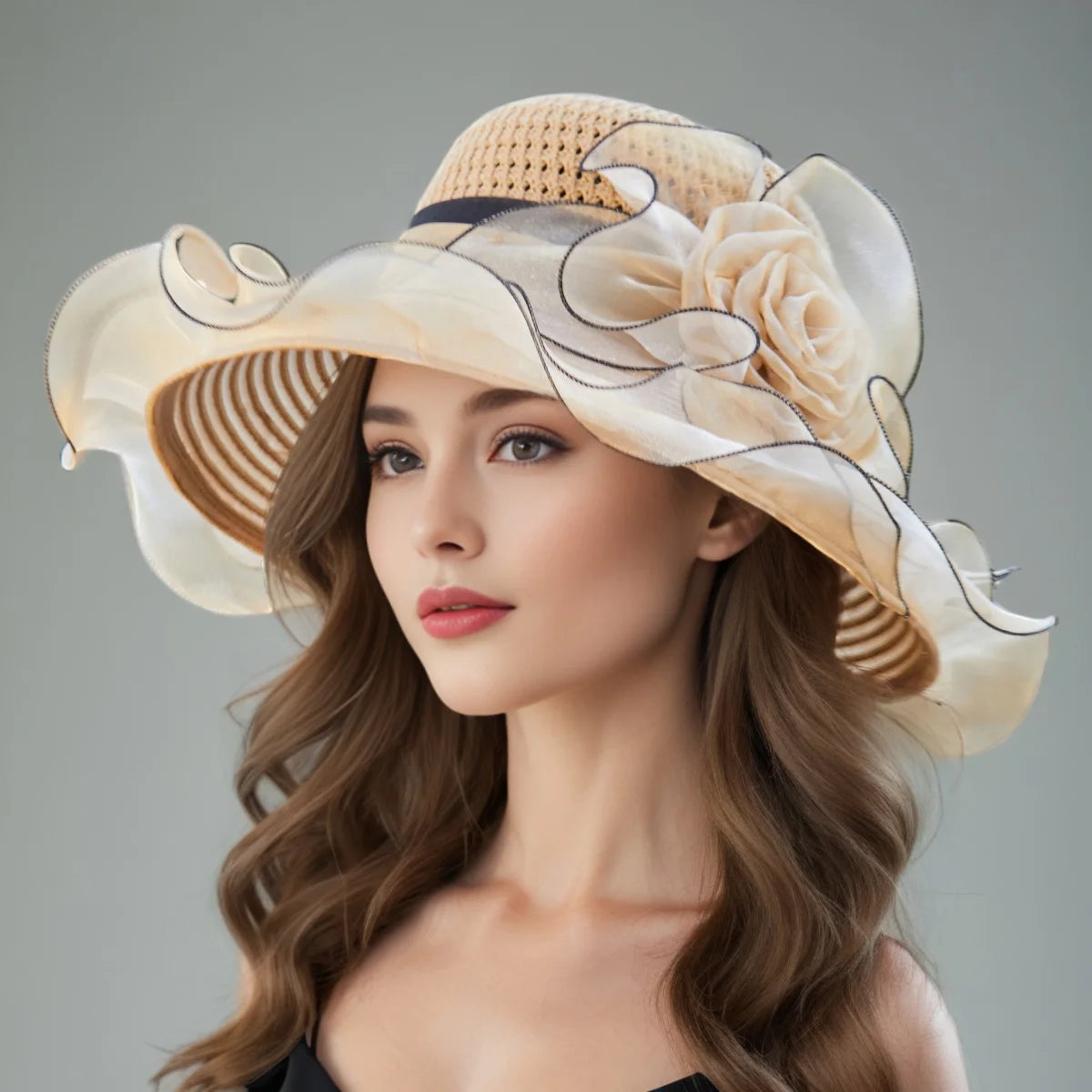 Elegant Women's Summer Sun Hat – Breathable Organdy, Foldable Design, Woven Crown with Flower Decoration - HER SHOP