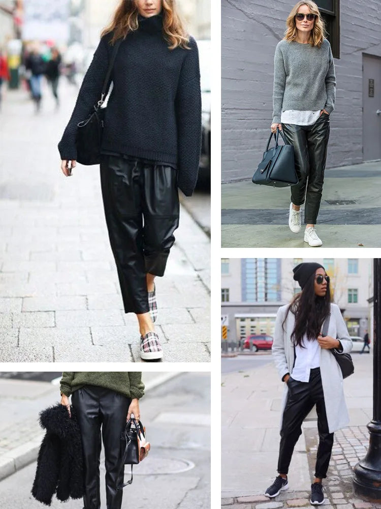 Women’s Genuine Sheepskin Leather Pants – High Waist Straight Fit Ankle-Length Trousers