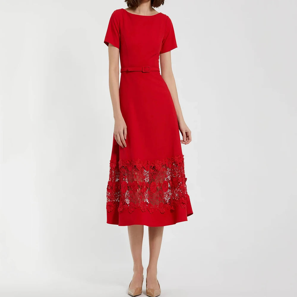 Women’s A-Line Tea-Length Scoop Neck Cocktail Dress with Floral Sash