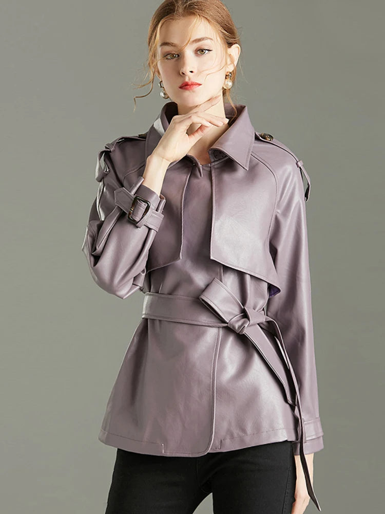 Women'sFaux Leather PU Jacket  –  Green Lapel Belted Coat, Loose Office Lady Outwear
