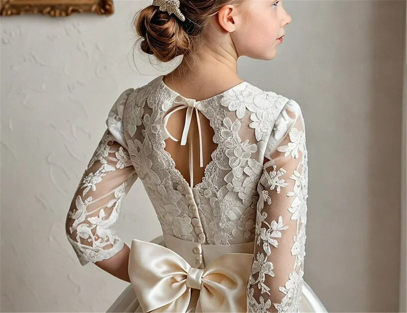 Elegant A-Line Flower Girl Dress Satin Lace Printing Idyllic First Communion Gowns  Kids Girls Birthday Party Evening Gown