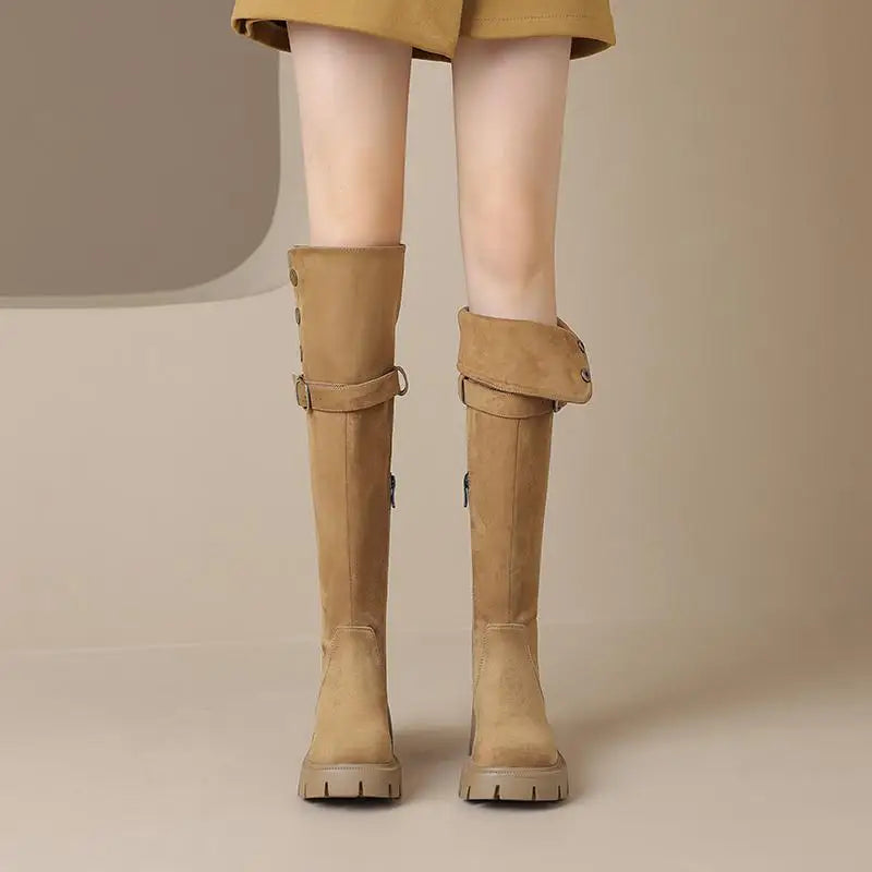 Flock Fur Over-the-Knee Winter Boots – Round Toe, Lace-Up, Zipper & Buckle Design, Thick Medium Heels, Warm Punk Snow Riding Style