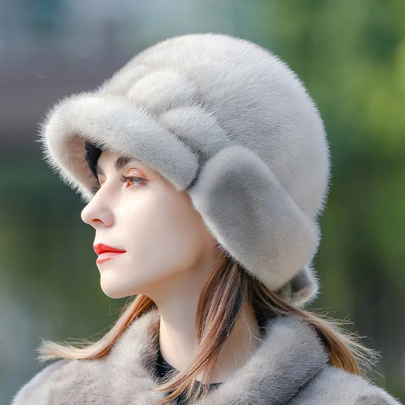 Real Mink Fur Hat for Women – Winter Thickened Whole Mink Fur Fisherman Hat with Ear Protection