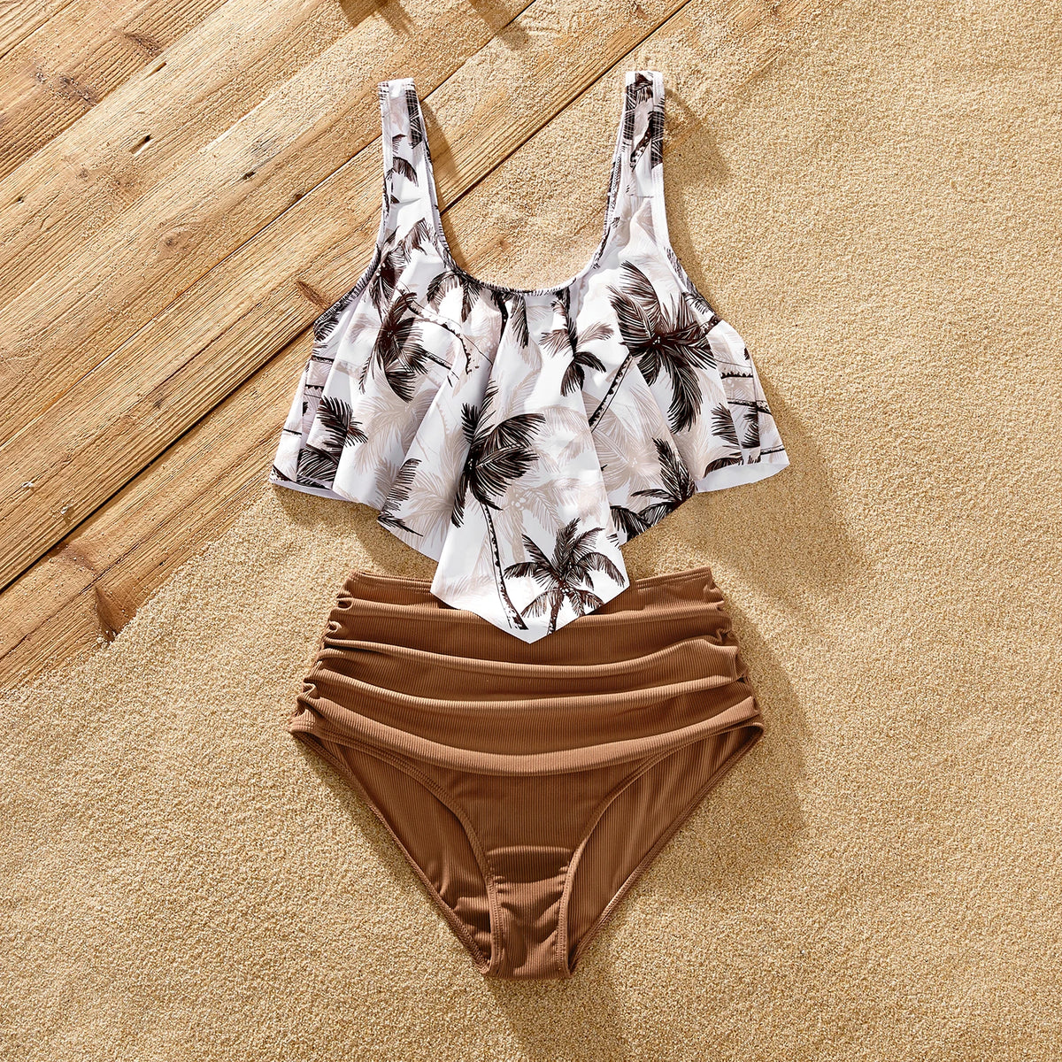 Family Matching Beach Outfits: Coconut Tree Print Swimwear – One-piece Swimsuit & Swim Trunks