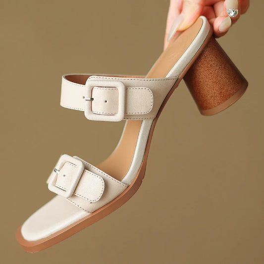 Women’s Cow Leather Slip-On Sandals – Double Metal Belt 5.5cm Chunky Heel Elegant Summer Slides - HER SHOP