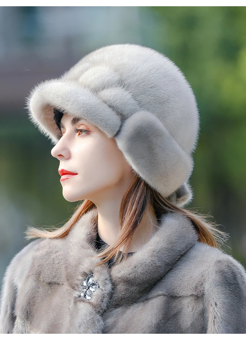 Real Mink Fur Hat for Women – Winter Thickened Whole Mink Fur Fisherman Hat with Ear Protection