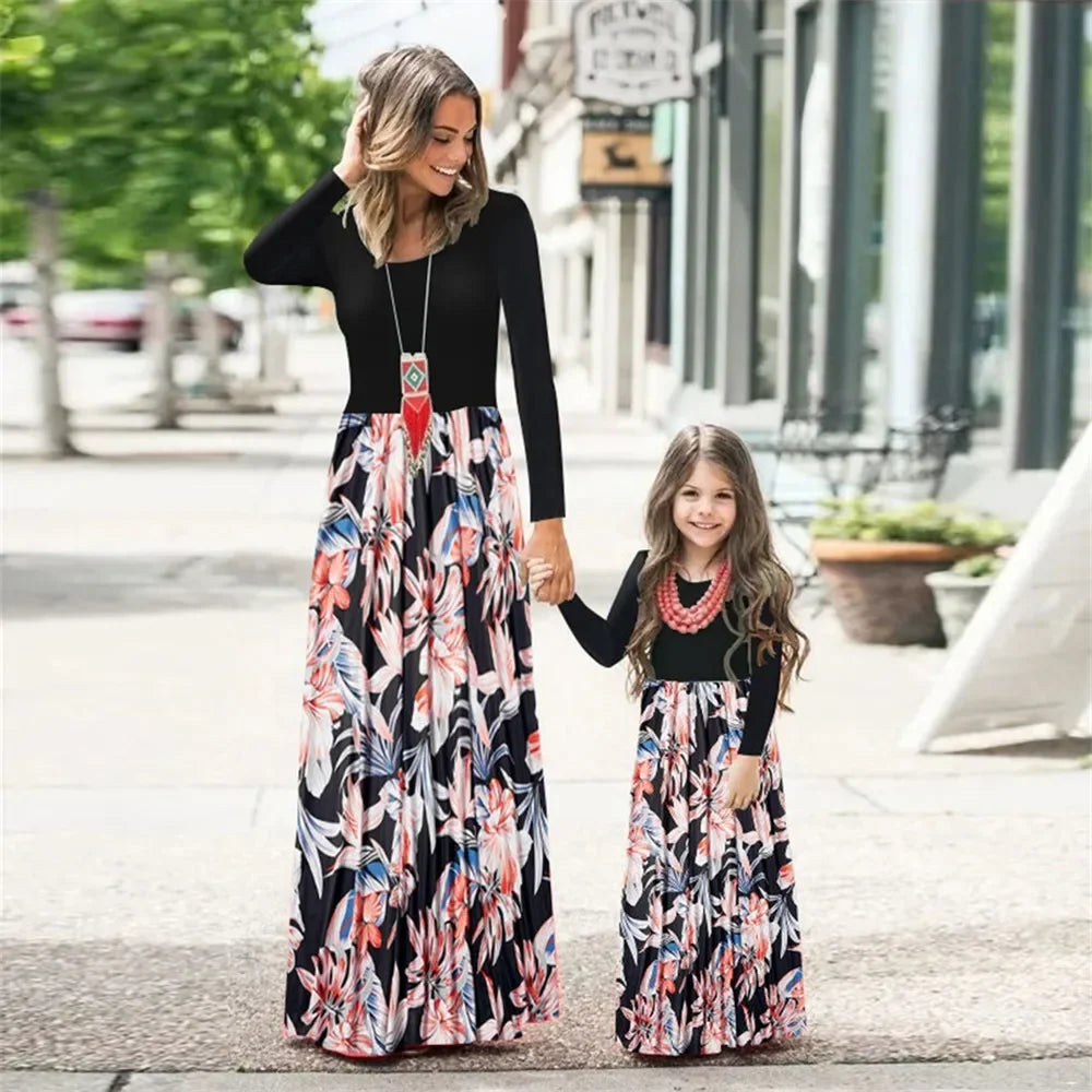 Fashion Mom and Daughter Dress Spring Summer Holiday Beach Dress Floral Patchwork Long Dress Baby Romper Mommy and Me Clothes - HER SHOP