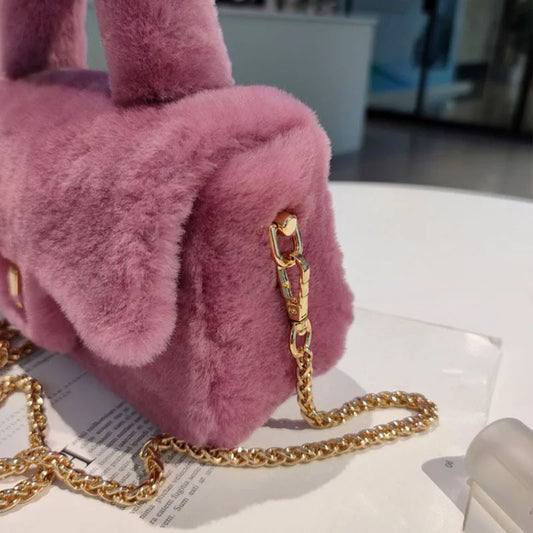 Lamb Fur Women’s Small Handbag – Soft Plush Chain Shoulder Bag & Fluffy Everyday Clutch - HER SHOP