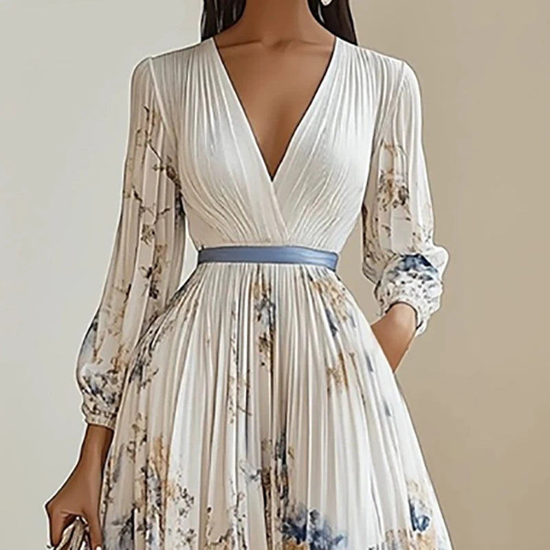 Spring Long-sleeved High Waist Pleated Dress Robes for Woman Sexy V Neck Hollow Long Party Dress Fashion Floral Print Maxi Dress - HER SHOP
