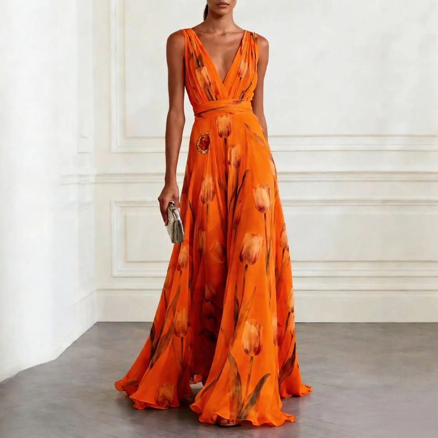 Blue Tulip Print Chiffon Maxi Dress – Sleeveless V-Neck Elegant Flowy Spring Summer Evening Gown