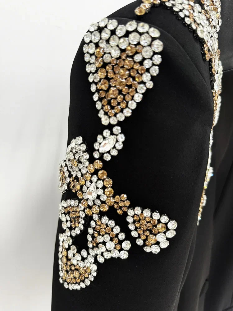 HIGH QUALITY Newest Designer Suit Women Beaded Diamonds Stand Collar Single Button Blazer Wide-leg Pants Set 2PCS