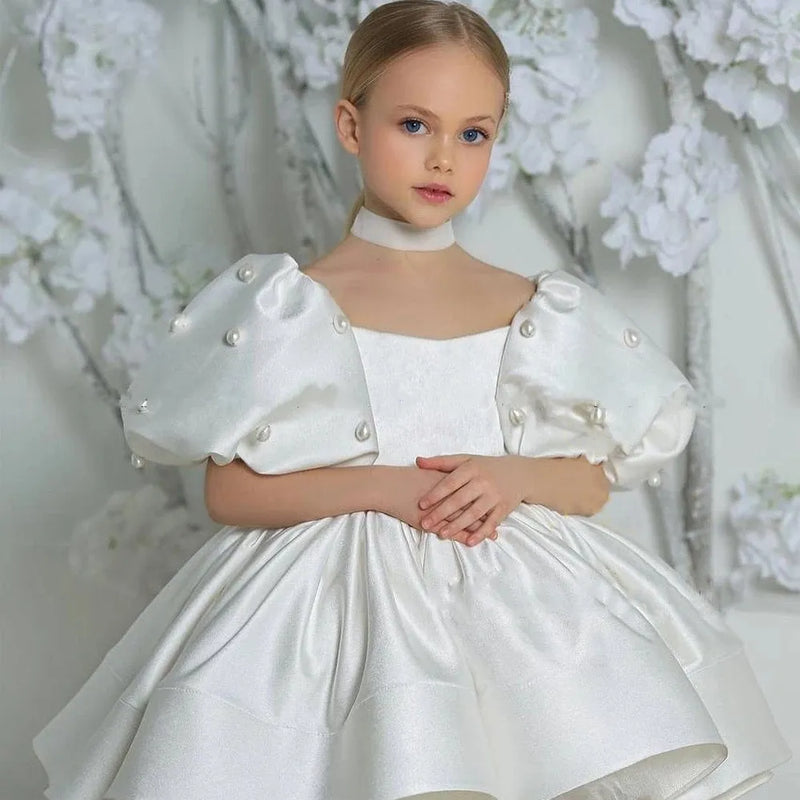 Flower Girl Dress: Scoop Neck, Short Sleeves, Puff Skirt - Ideal for Wedding, Kids' Christmas Ceremonies, and Parties