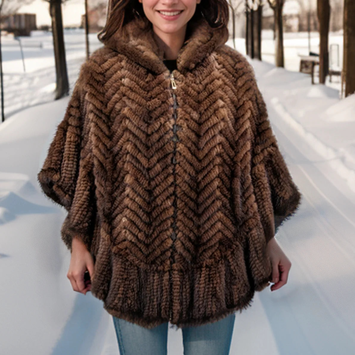 Luxury Real Knitted Mink Fur Cape with Hood – Ruffle Shawl Zipper Wrap for Women (Plus Size)