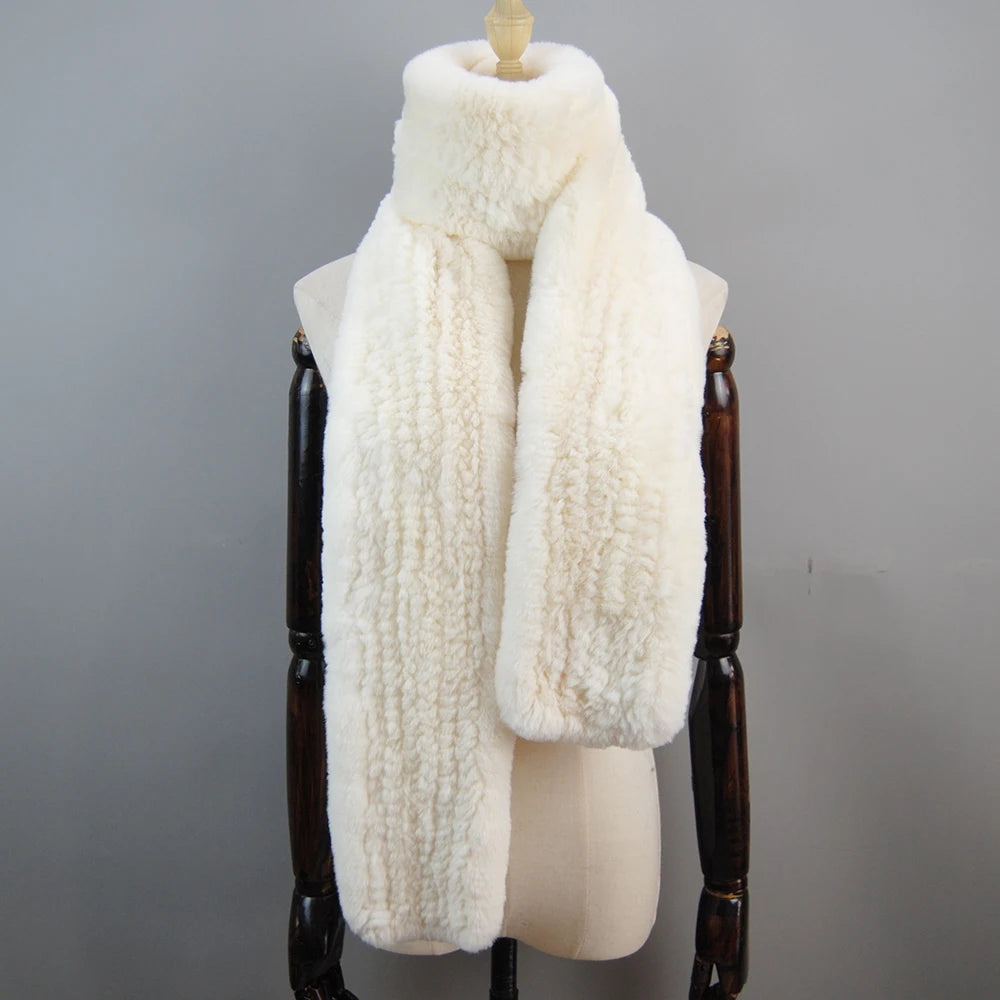 Long Style Genuine Rex Rabbit Fur Scarf– Women's Winter Knitted Ring Scarf & Luxury Muffler