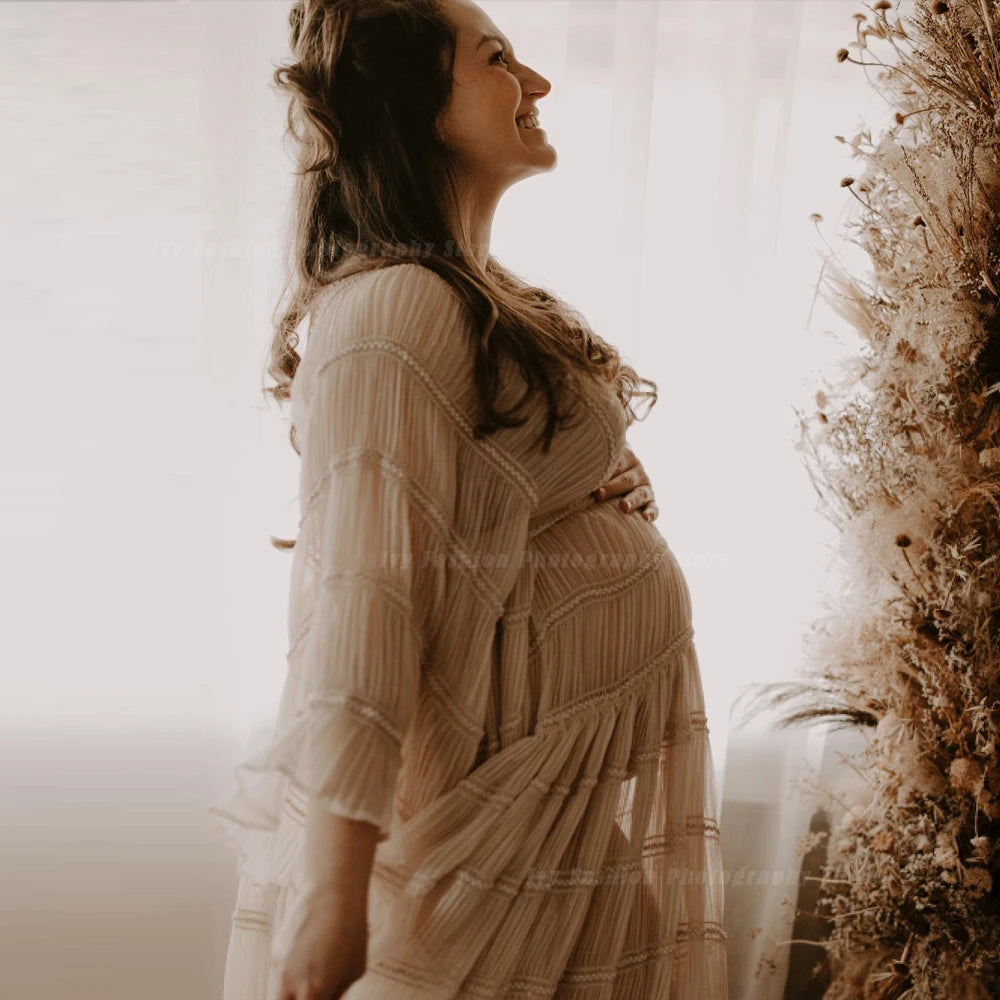 Bohemian V-Neck Long Sleeve Maternity Photography Dress â€“ Pleated Chiffon Pregnancy Photoshoot Gown