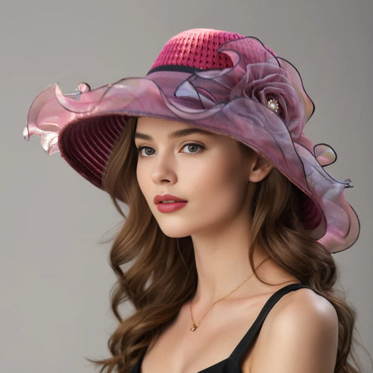 Elegant Women's Summer Sun Hat – Breathable Organdy, Foldable Design, Woven Crown with Flower Decoration - HER SHOP