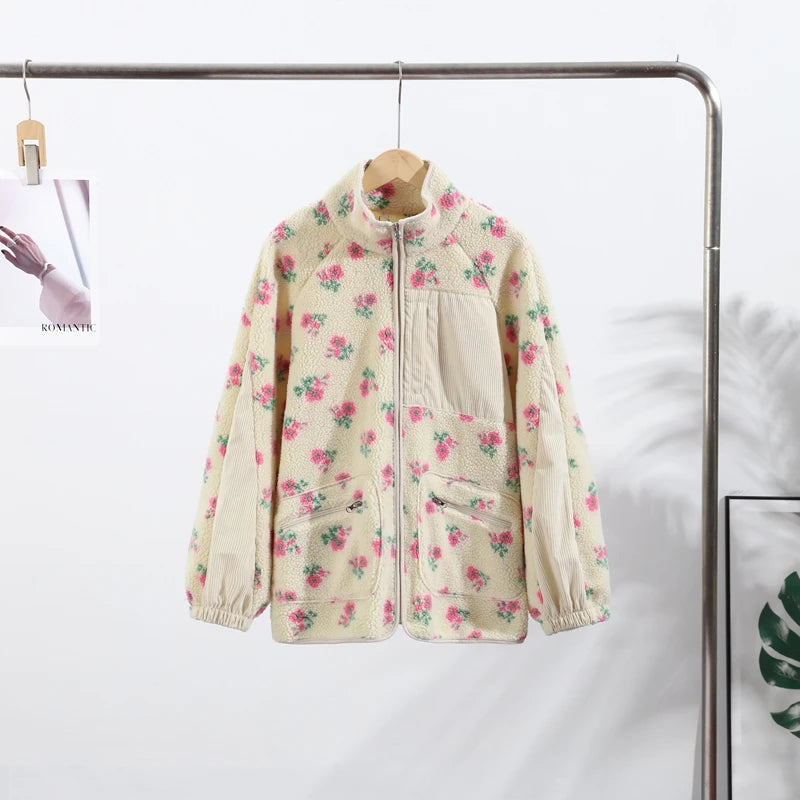 Retro Printed Plush Zipper Short Jacket Women Casual Loose High Neck Pocket Jackets Coat Lady 2025 Versatile Chic Street Outwear