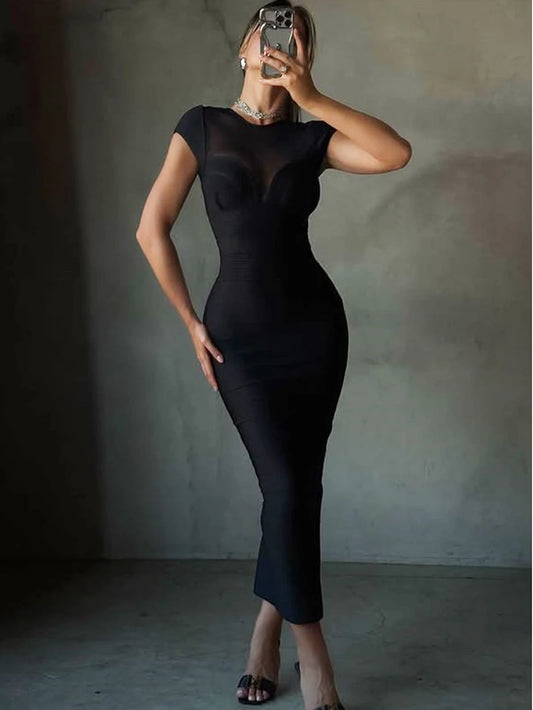 Black Burgundy Mesh Patchwork Bodycon Midi Bandage Dress – Women’s Elegant Club Party Dress - Black - Size M - HER SHOP