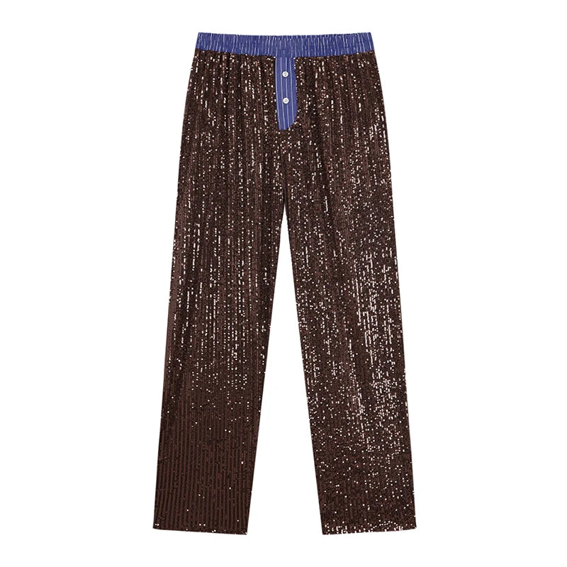Women’s Premium Sequined Splicing Straight-Leg Pants – High-Waist Casual Commuter Trousers