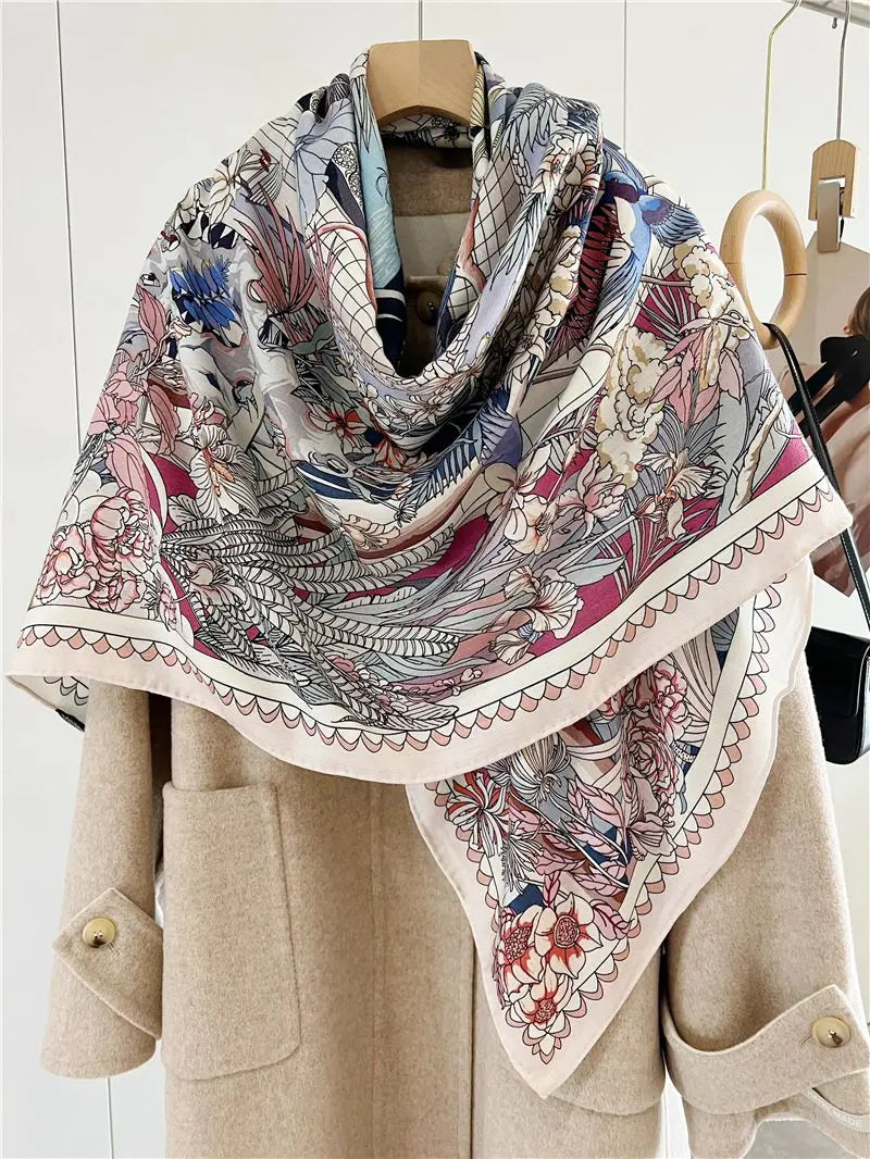 Women’s Large Square Wool & Silk Blanket Scarf – Double-Sided Printed Shawl Cape, 130×130cm