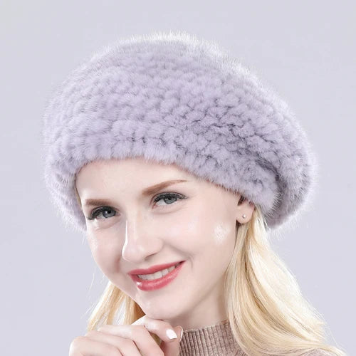 Hot Sale Winter Lady Natural Mink Fur Beanies Hat Knit Warm Striped Genuine Mink Fur Caps Women Good Elastic Real Mink Fur Hat