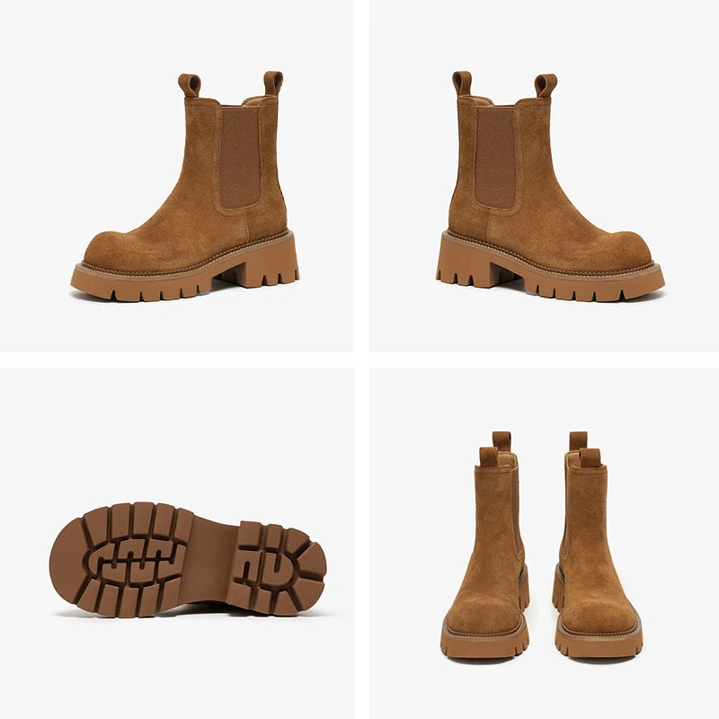 Women’s Cow Suede Platform Chelsea Ankle Boots – Round Toe with Elastic Band and Stitching Design