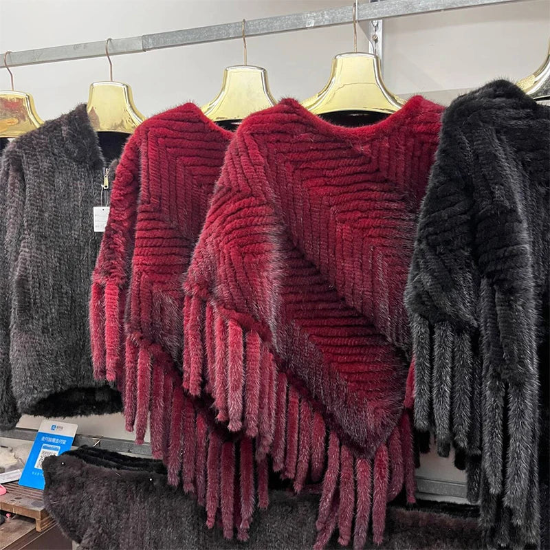 Women’s Real Mink Fur Knitted Cape – Luxury Striped Pullover Fur Coat with Tassel Trim, Warm & Elegant Overcoat