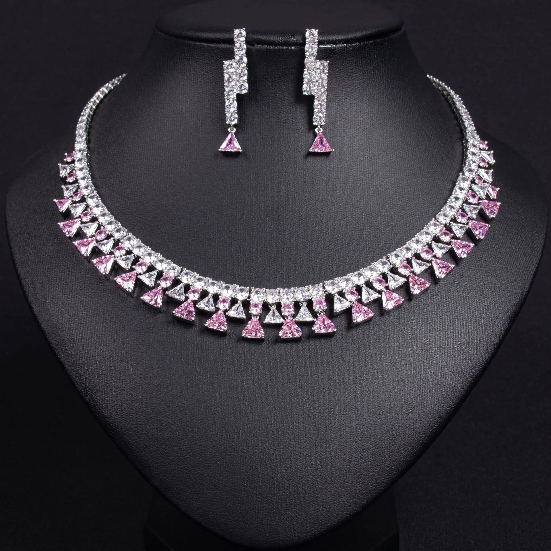 Geometric Triangle Zircon Jewelry Set for Women  Shiny Necklace & Earrings for Dubai Bridal Wedding or Party Gift