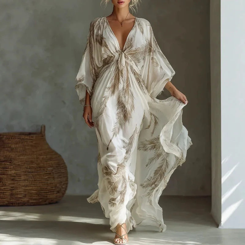Women’s Feather Print Deep V-Neck Maxi Dress – Bohemian Batwing Sleeve Summer Resort Dress