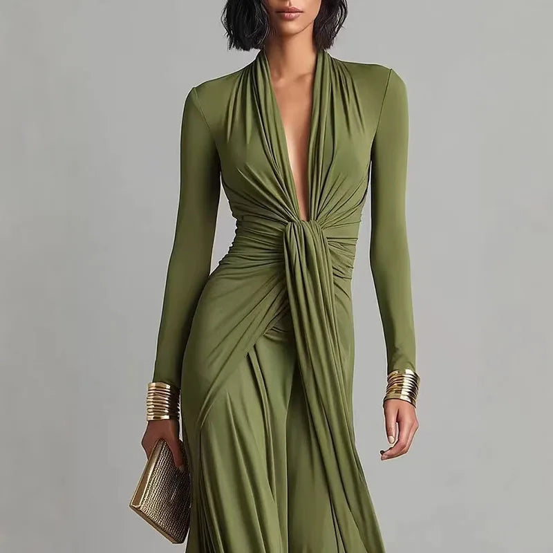 Women's Elegant Deep V-Neck Twist Knot Maxi Dress â€“ Long Sleeve Ruched Evening Gown
