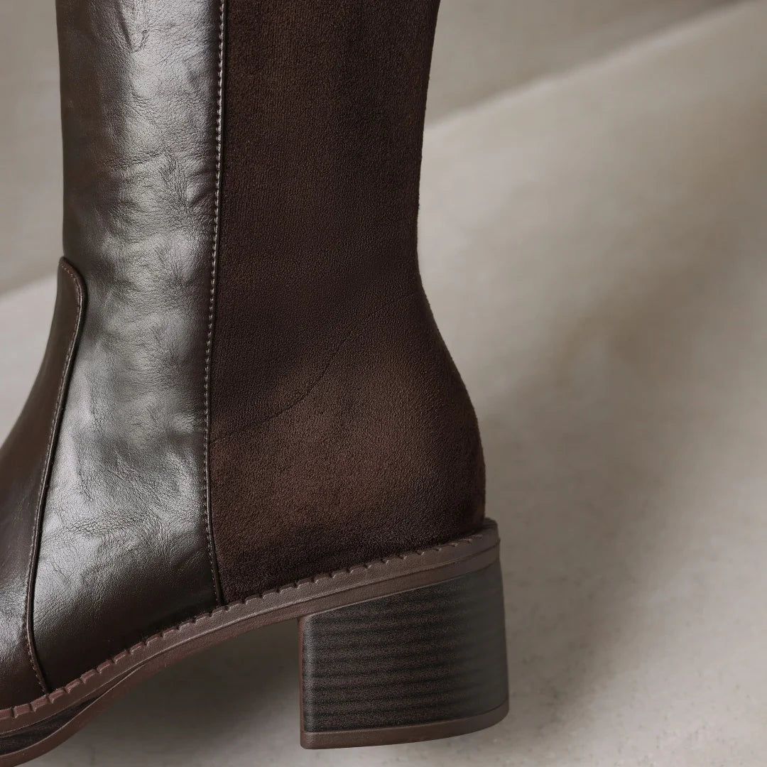 Women’s Genuine Leather & Flock Patchwork Knee-High Knight Boots – Side Zip, 5cm Thick Medium Heel, Casual Autumn Winter Long Boots