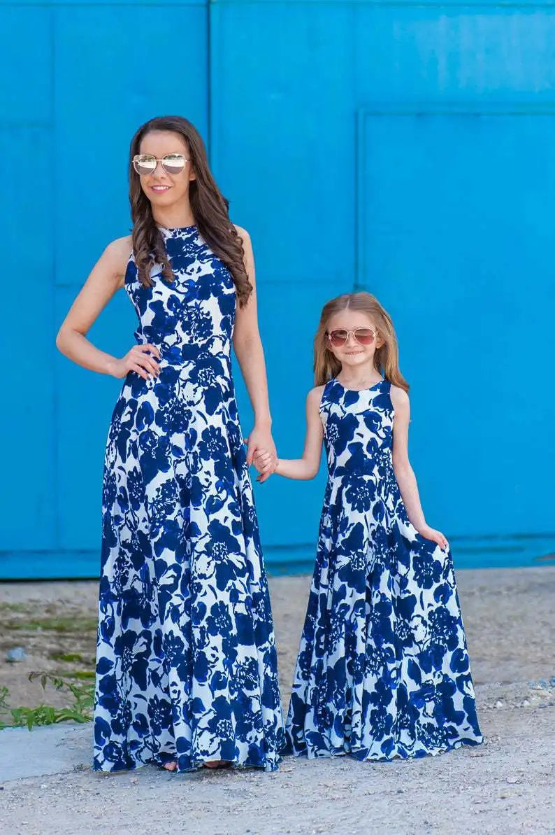 Mom and Daughter Matching Floral Maxi Dress Set – Sleeveless Holiday Beach Vacation Dresses