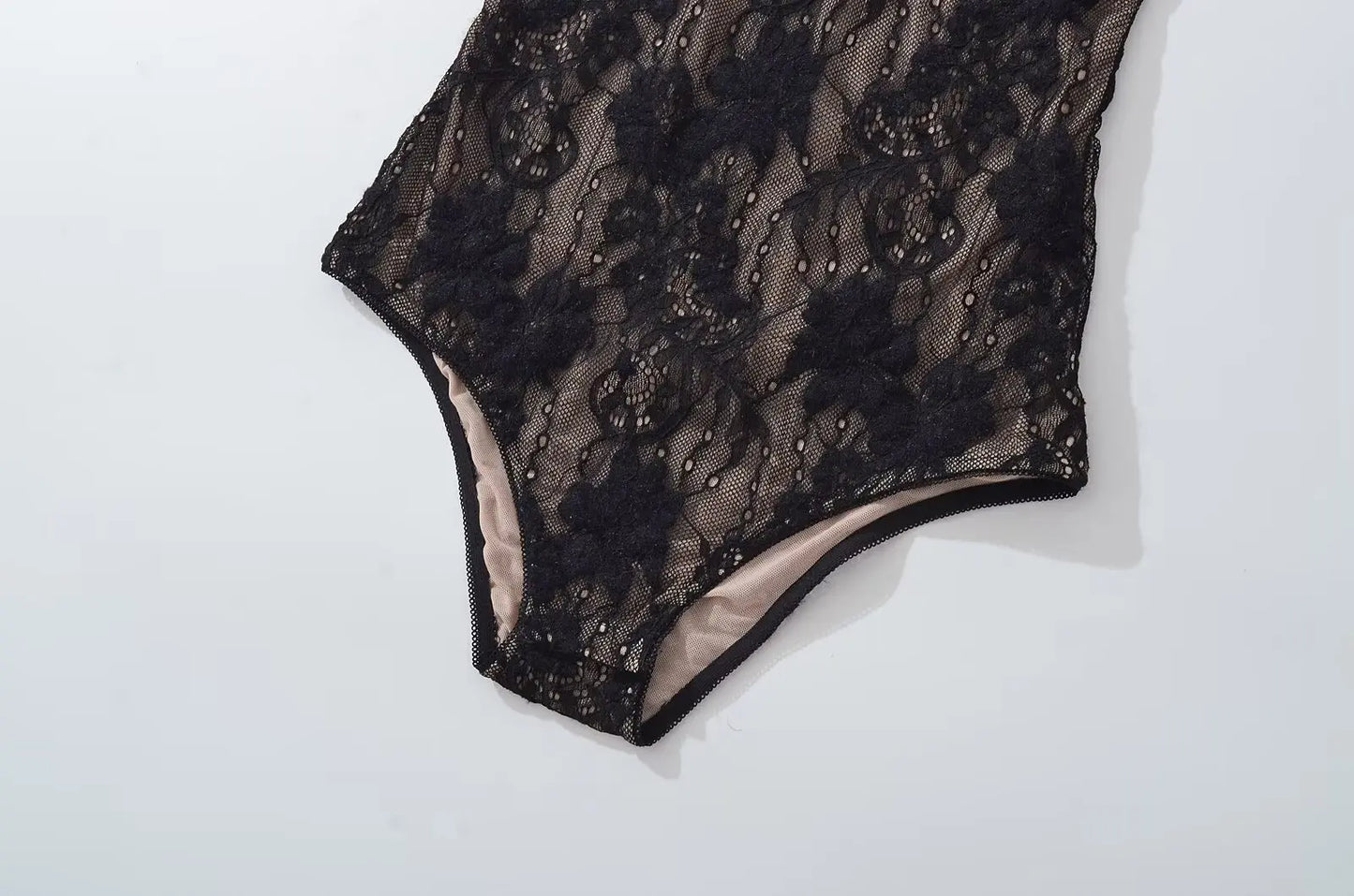 Sexy Sheer Lace Backless Spaghetti Strap Bodysuit with Lining – Slim Fit Tight Short Romper for Women