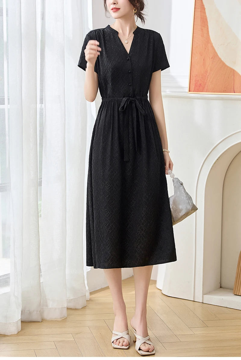 19 Momme Real Silk Elegant Fashion Dresses For Women 2026 Summer V-neck Short Sleeve Drawstring Office Lady Long Dress A-line