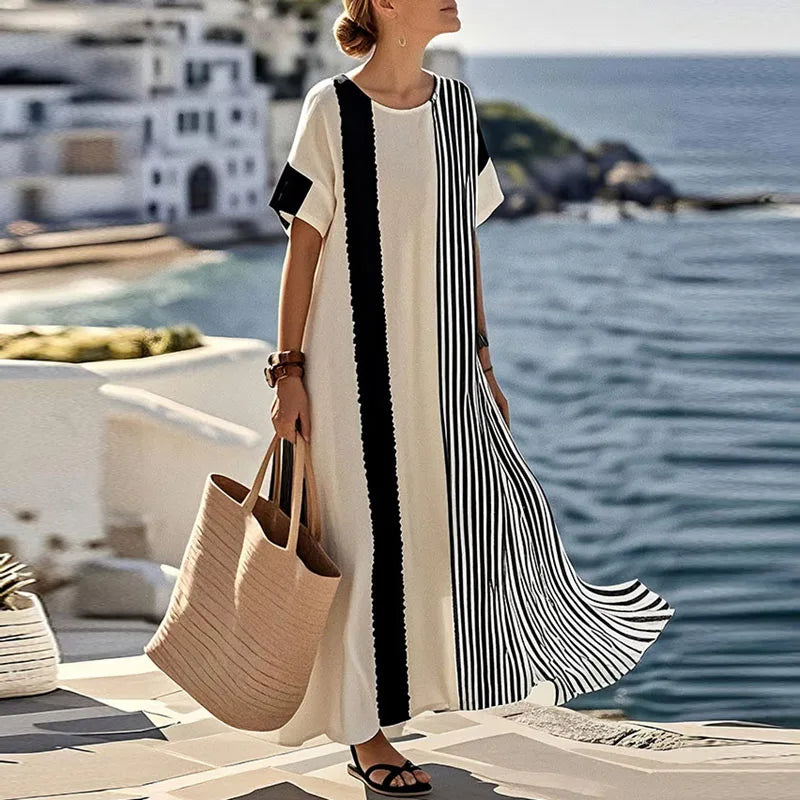 Elegant Patchwork Maxi Dress – Spring Summer Crew Neck Short Sleeve Boho Beach Dress with Side Split for Women - HER SHOP