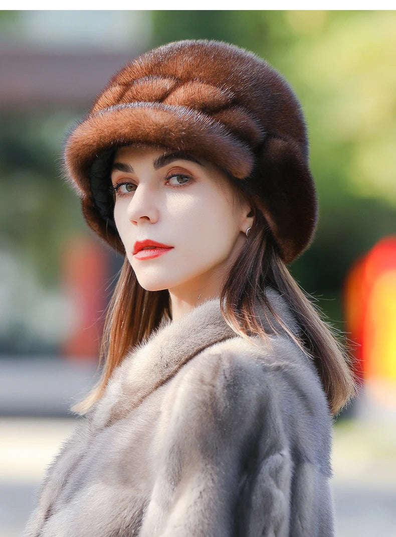 Real Mink Fur Hat for Women – Winter Thickened Whole Mink Fur Fisherman Hat with Ear Protection
