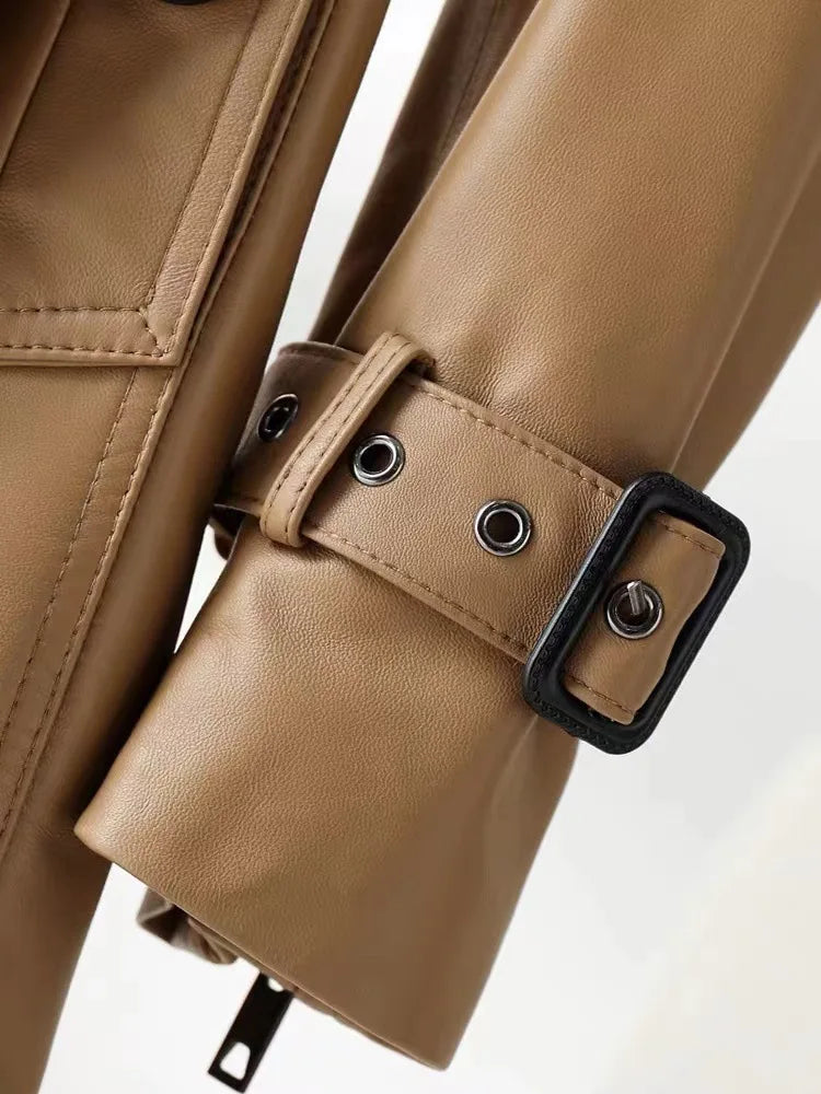 Natural Leather Women's Jacket Autumn Winter Khaki/Black Double Breasted Classic British Style Slim Sheepskin Long Trench Coat