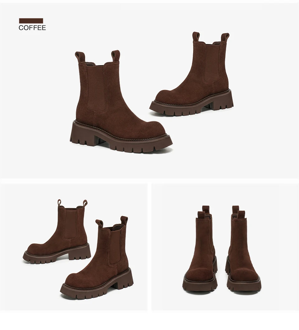 Women’s Cow Suede Platform Chelsea Ankle Boots – Round Toe with Elastic Band and Stitching Design